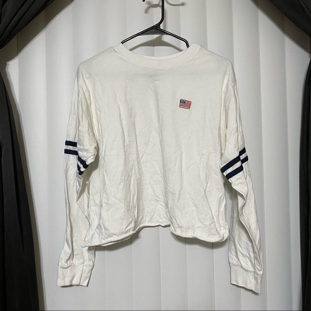Mighty Fine USA flag white long sleeve cropped top. 100% cotton